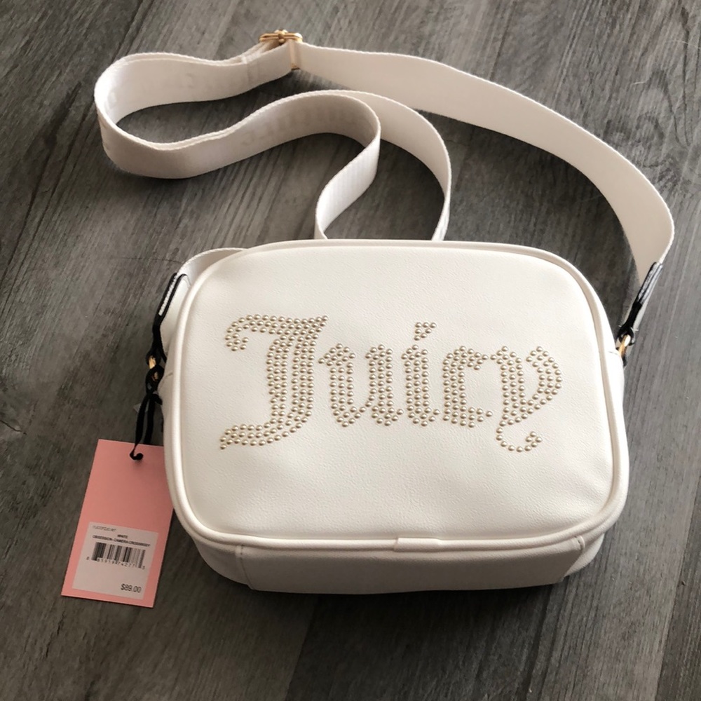 Juicy Couture White Faux Leather Obsession Camera Crossbody Studded Juicy NWT